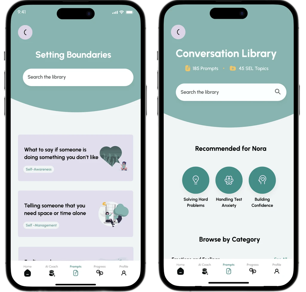 Conversation Library mobile app screens